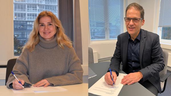 Konstituert fylkesdirektør Håkon Schwalb og NAV direktør Merethe Prytz Haftorsen signerer ny partnerskapsavtale mellom fylkeskommunen og Nav Rogaland.