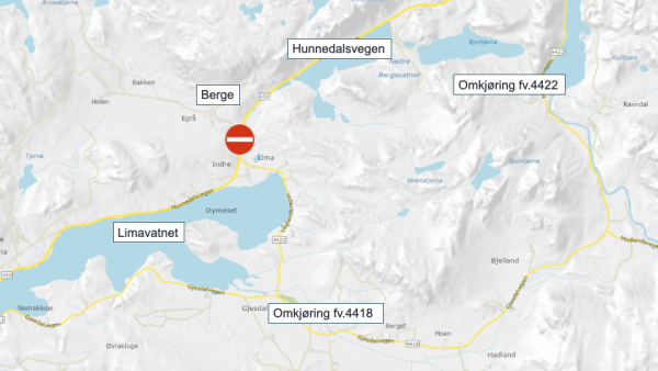 Lenke til artikkel: Stenger Hunnedalsvegen ved Berge i to døgn