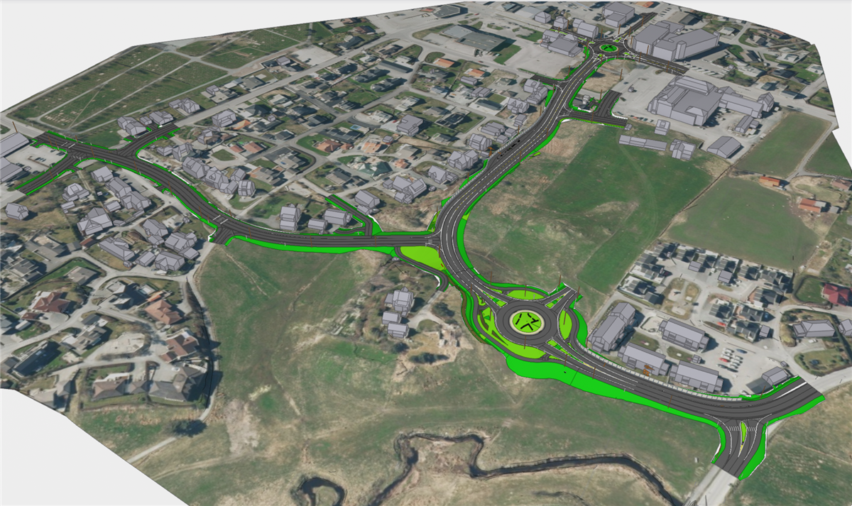 dronebilde av Åkra sentrum med de nye veiene tegnet på - Klikk for stort bilde