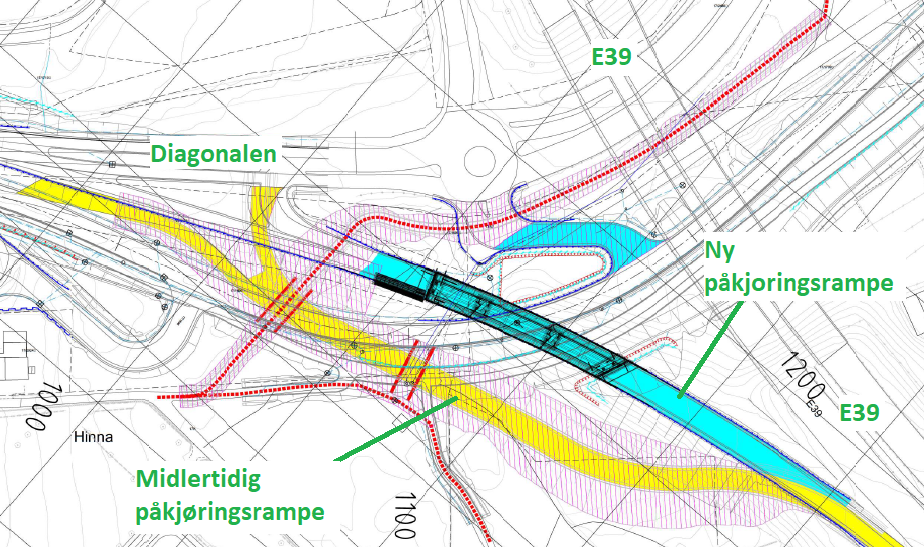 Tegning som viser midlertidig og ny påkjøringsrampe mellom Diagonalen og E39. - Klikk for stort bilde