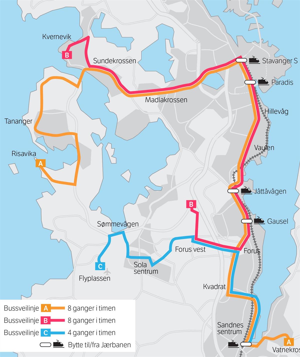 Kartet viser hvor Bussveien går og antall avganger på de ulike strekningene. - Klikk for stort bilde