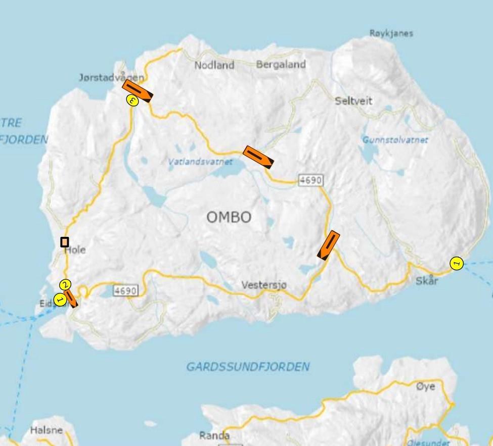 Kart som viser hvor omkjøringsskilt står på Ombo. - Klikk for stort bilde
