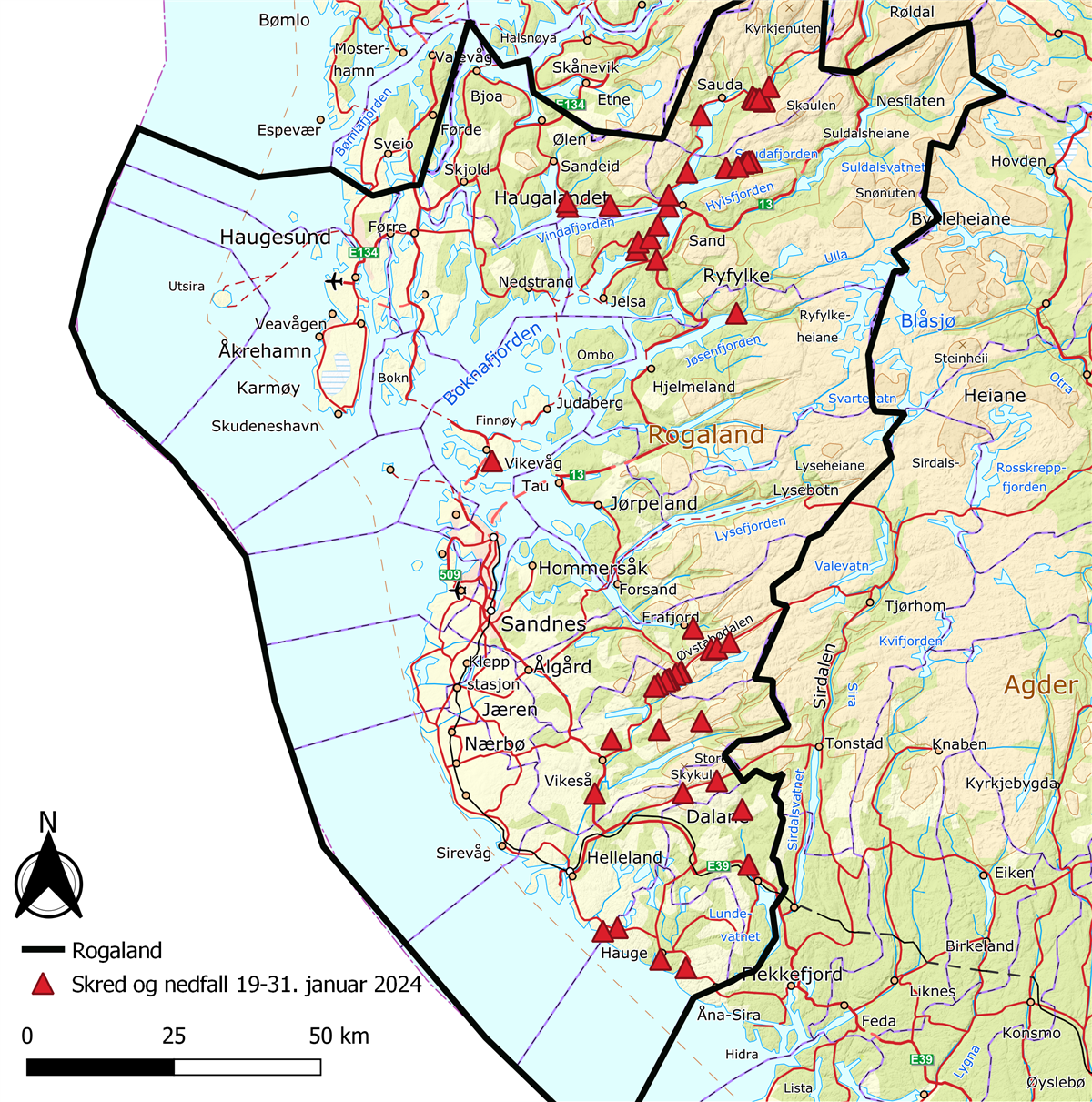 Kart som viser Rogaland med små røde trekanter der det har gått skred - Klikk for stort bilde