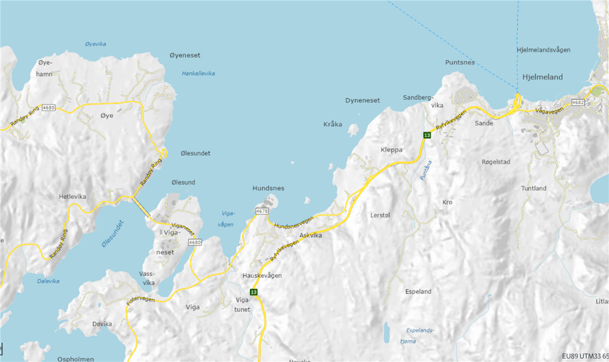 Kart som viser Randøy bru og området rundt - Klikk for stort bilde