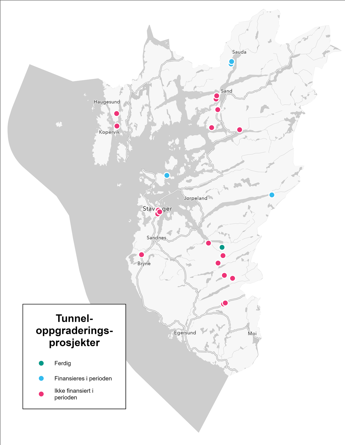 Kart over tunneloppgraderingsprosjekter - Klikk for stort bilde