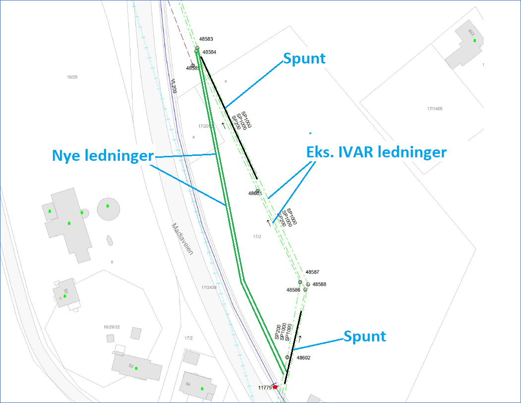 Tegning viser nye og gamle kloakkledninger ved Madlaveien, der vi bygger ny kollektivtrasé til nye SUS. - Klikk for stort bilde