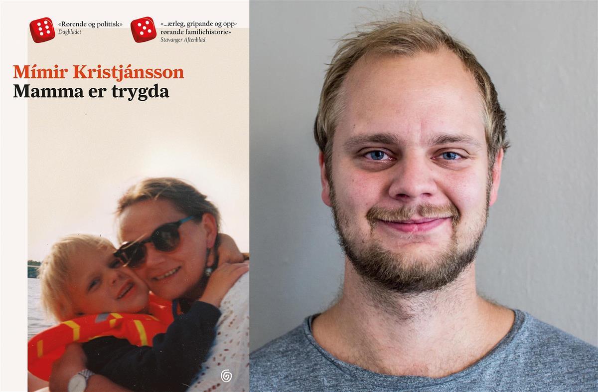 Forfatter Mímír Kristjánssons og forsiden av boken hans «Mamma er trygda».   - Klikk for stort bilde