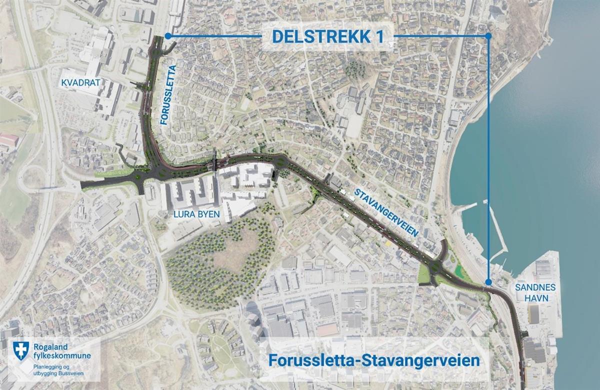 Illustrasjon som viser Bussveien slik den blir på Furussletta og i Stavangerveien i Sandnes. - Klikk for stort bilde