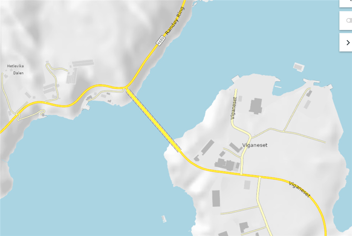 Kart som viser hvor Randøy bru går fra Viganeset og over til Randøy - Klikk for stort bilde