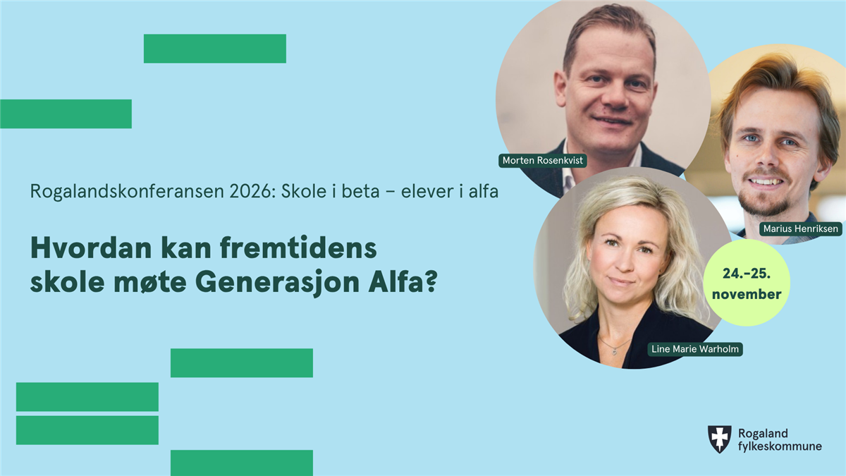 Tittel på konferansen og bilde av tre foredragsholdere. Foto