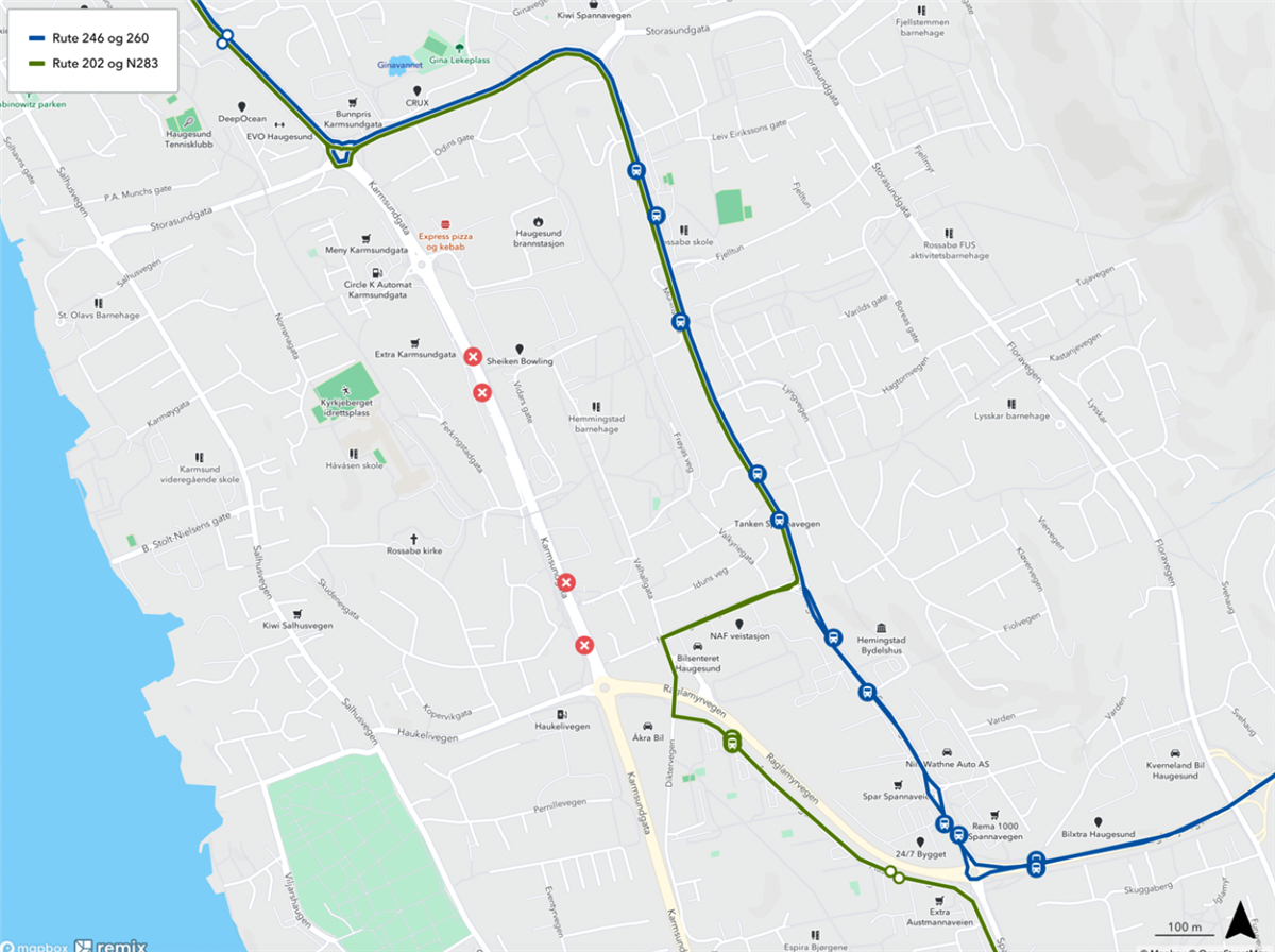 kart som viser ny bussrute mens veien er stengt - Klikk for stort bilde
