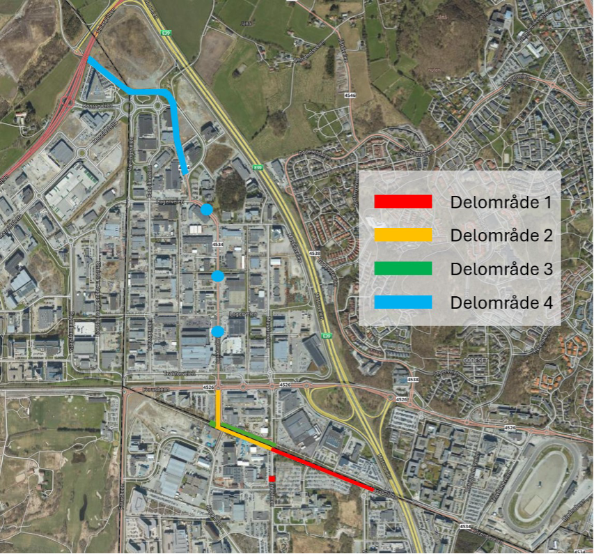 Plankart over de fire delprosjektene av Bussveien på Forus - Klikk for stort bilde