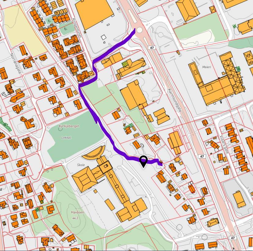 Kart som viser ny vei til Vidars gate - Klikk for stort bilde