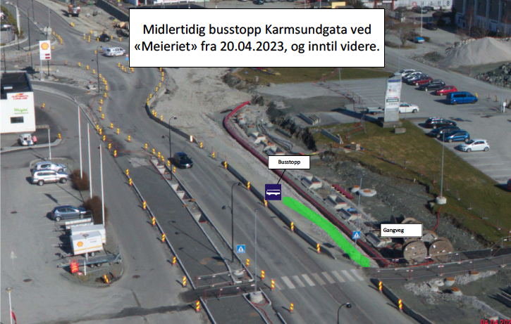 Flyfoto som viser hvor midlertidig busstopp er plassert - Klikk for stort bilde