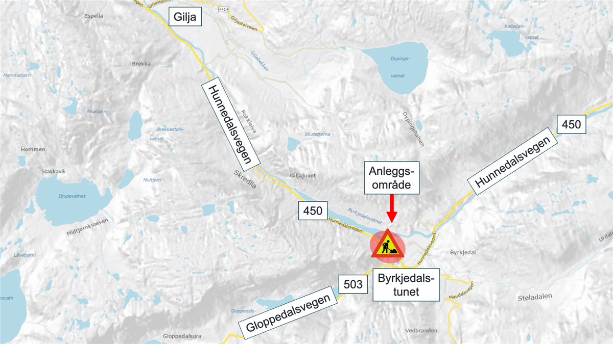 Kart som viser arbeidsområdet fra Byrkjedalstunet og rundt 250 meter i retning mot Gilja - Klikk for stort bilde