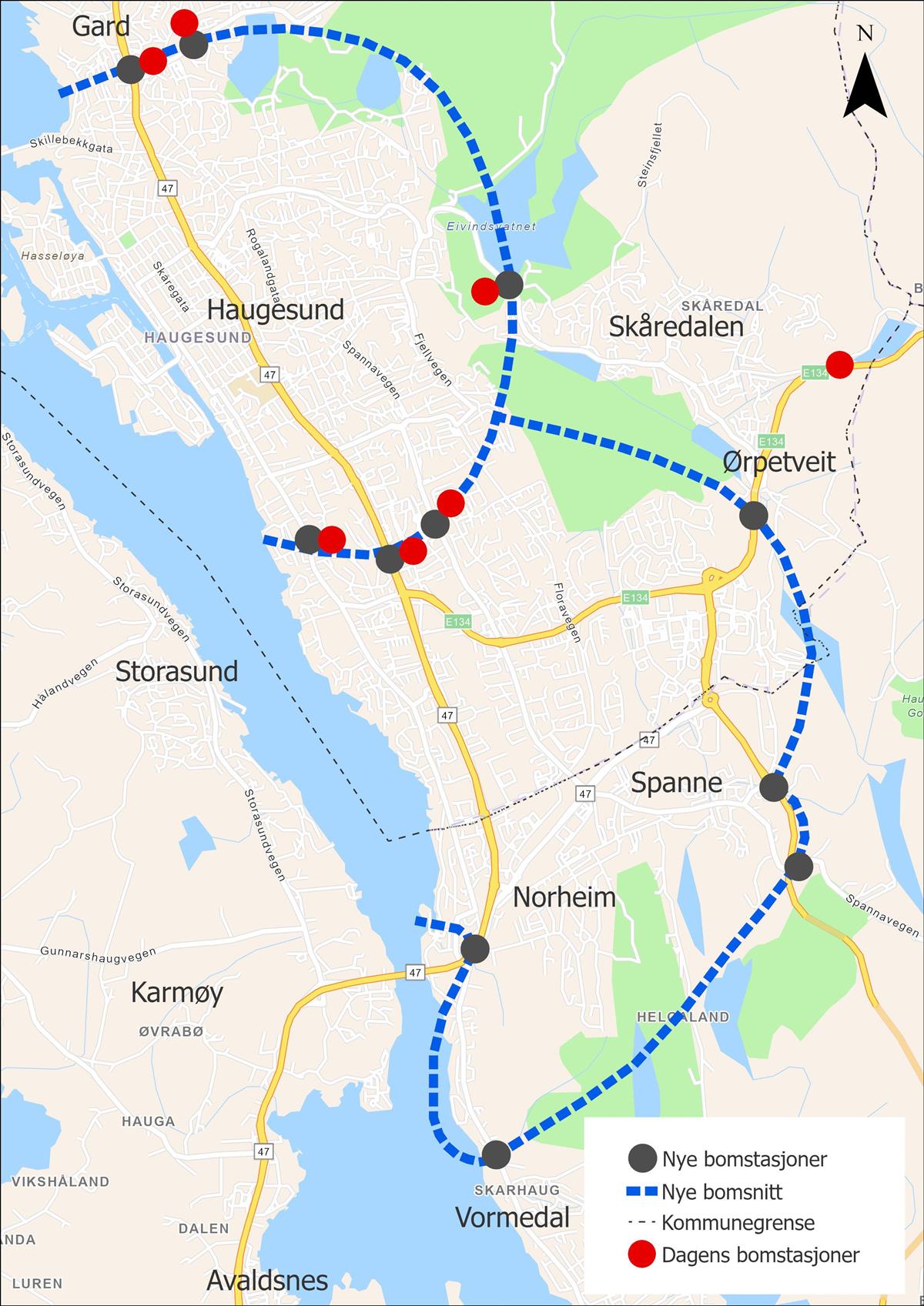 Kart som viser gamle og nye bomstasjoner - Klikk for stort bilde