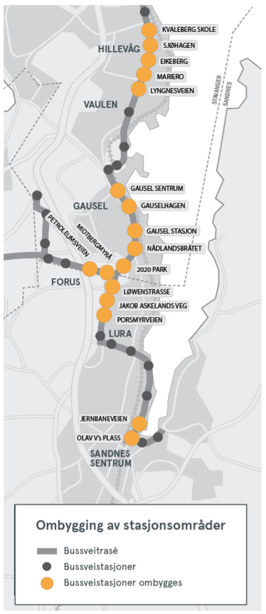 Kart som viser hvilke stasjonsområder som skal oppgraderes - Klikk for stort bilde