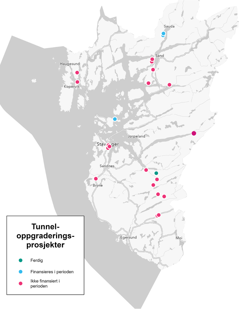 kart som viser hvor tunneler som skal oppgraderes ligger - Klikk for stort bilde